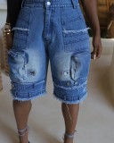 Loose Casual Big Pockets Tassel Denim Shorts QXTF-8505