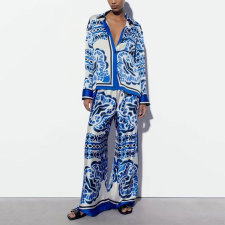 Plus Size Print Long Sleeve Shirt Two Piece Pants Set GMAN-24509