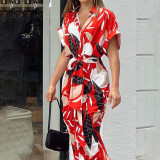 Plus Size Lapel Print Short Sleeve Shirt Dress GMAN-22037-8651
