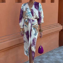 Plus Size V Neck Long Sleeve Long Skirts Two Piece Set GMAN-28516