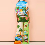 Plus Size Print Color Block Two Piece Pants Set GMAN-28066