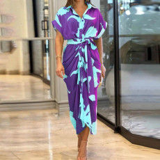 Plus Size Lapel Print Short Sleeve Shirt Dress GMAN-22037-8651