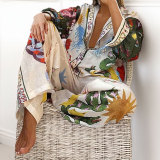 Plus Size Casual Print V Neck Shirt Wide Leg Pants Suit GMAN-28308