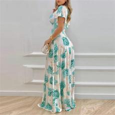 Plus Size V Neck Print Ruffles Sleeve Maxi Dress GMAN-9040