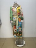 Plus Size Printed Lantern Sleeve Belted Shirt Dress GMAN-28068