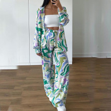 Plus Size Print Shirt Long Sleeve Casual Pants Suit GMAN-8938