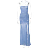 Solid Color Backless Split Mesh Dress GLAG-D155288G