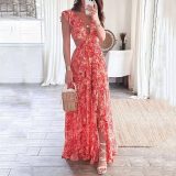 Plus Size Print Deep V Neck Pleated Maxi Dress GMAN-24317