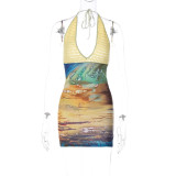 Printed Patchwork Knit Deep V Neck Mini Dress GLAG-D2B11191G