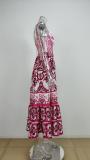 Plus Size Printed Square Neck Halter Pleated Maxi Dress GMAN-25058