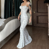 Sexy Print Tie Up Sling Maxi Dress GLAG-D248395G