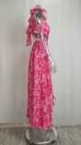 Plus Size Print Deep V Neck Pleated Maxi Dress GMAN-24317