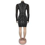 Mesh See Through Hot Drill Mini Dress BY-7347