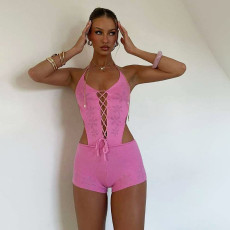 Hollow Out Solid Color Backless Romper GYME-W25Q67401