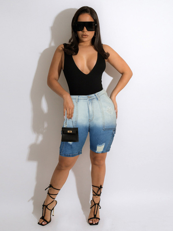Gradient Color Ripped Denim Midi Pants SH-391371