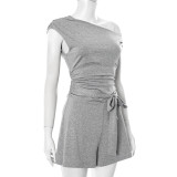Solid Color Slash Shoulder Tie Up Short Suit GDSF-Q25RP143
