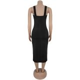 Slim Button Sleeveless Sexy Midi Dress BY-7322