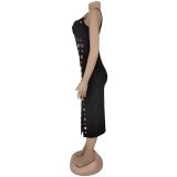Slim Button Sleeveless Sexy Midi Dress BY-7322