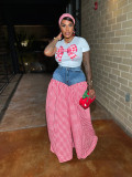 Printed T-shirt Spliced Plaid Wide-leg Pants Two-piece Set SFY-717