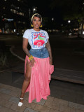 Printed T-shirt Spliced Plaid Split Long Skirt Two-piece Set  SFY-718
