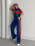 Stripe Patchwork Short Sleeve Top Two Piece Pants Set SH-391374