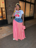 Printed T-shirt Spliced Plaid Split Long Skirt Two-piece Set  SFY-718