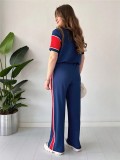 Stripe Patchwork Short Sleeve Top Two Piece Pants Set SH-391374