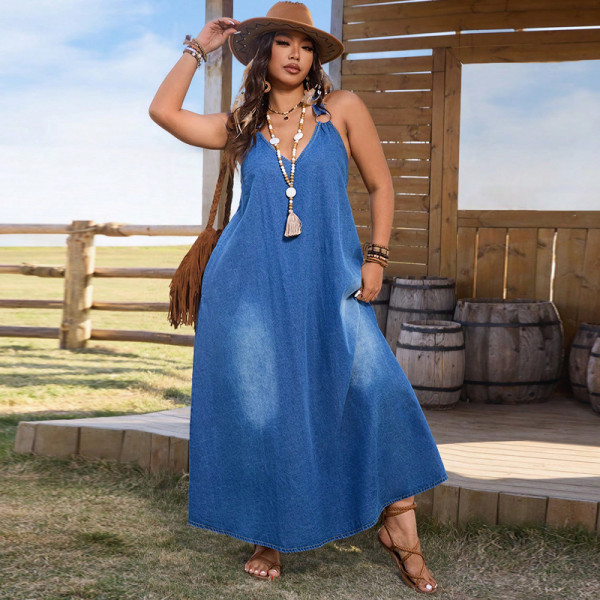 Plus Size Deep V Neck Denim Maxi Dress GDAM-218712