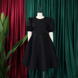 Plus Size Solid Color Lantern Sleeve Midi Dress GCZF-8631