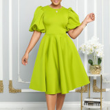 Plus Size Solid Color Lantern Sleeve Midi Dress GCZF-8631