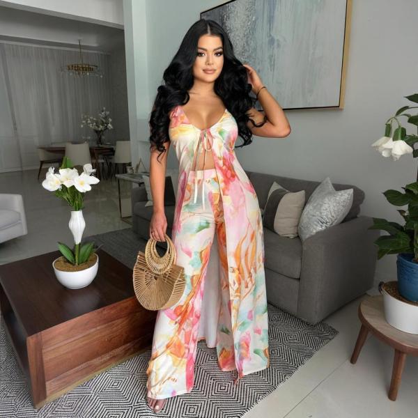 Sexy Print Tie Up Wide Leg Pants 2 Piece Set CYA-901805