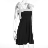 Patchwork Tie Up Square Neck Mini Dress GWSD-D1994494