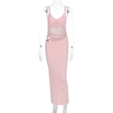 Patchwork Mesh Backless Maxi Dress GWSD-D1994480