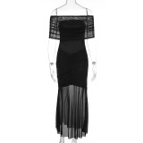 Off Shoulder Pleated Mesh Patchwork Dress 2 Piece Set GWSD-D1993943