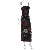 Print Lace Patchwork Wrap Chest Split Maxi Dress GWSD-D1992545