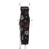 Print Lace Patchwork Wrap Chest Split Maxi Dress GWSD-D1992545