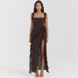 Solid Color Ruffles Patchwork Split Maxi Dress GWSD-D1992300