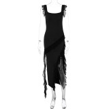 Solid Color Ruffles Patchwork Split Maxi Dress GWSD-D1992300