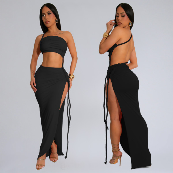 Sexy Solid Color Wrap Chest Backless Maxi Dress BY-7342
