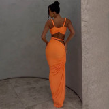 Solid Color Backless Vest Long Skirt Two Piece Set GAXB-G1040ST