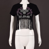 Letter Print Short Sleeve Tassel T Shirts GFRT-7710TG