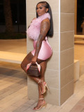 Halterneck Tie Up Feather Two Piece Short Set CH-25025