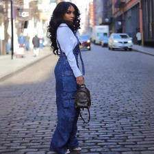 Fashion Loose Multi-Pocket Denim Halter Jumpsuit GQLF-30056