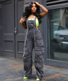 Fashion Loose Multi-Pocket Denim Halter Jumpsuit GQLF-30056