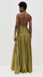Metallic Color Pressed Pleat Split Lace-Up Maxi Dress  GSNU-8155
