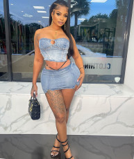 Sexy Denim Wrap Chest Two Piece Skirts Set GAKF-50301