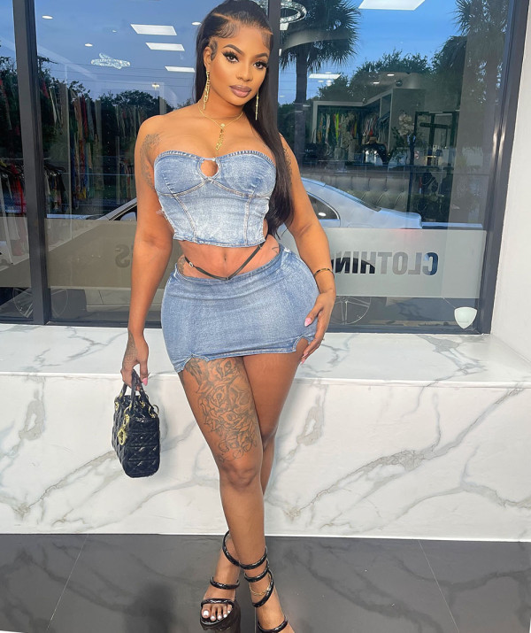 Sexy Denim Wrap Chest Two Piece Skirts Set GAKF-50301