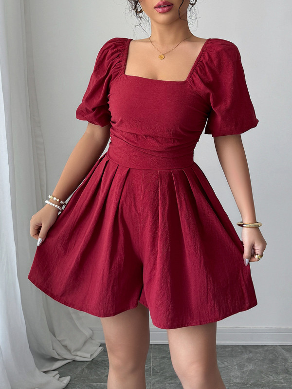 Short Sleeve Solid Color Pleated Romper GZEY-D2316023