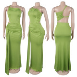 Solid Color Single Shoulder Pleated Maxi Dress GTYZ-7563