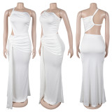 Solid Color Single Shoulder Pleated Maxi Dress GTYZ-7563